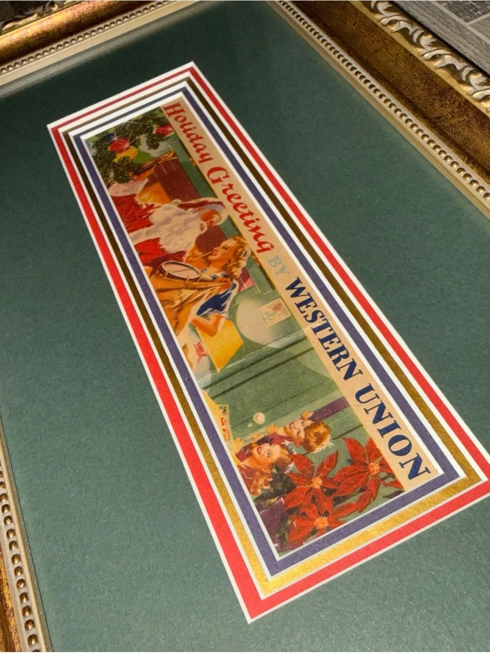 1940s western union Holiday Greeting telegram Print - Green Mat with gold frame